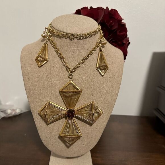 Vtg Hobe Goldtone Wire Wrapped Smoke Topaz Rhinestone Cross Pendant Necklaceset - Picture 1 of 8